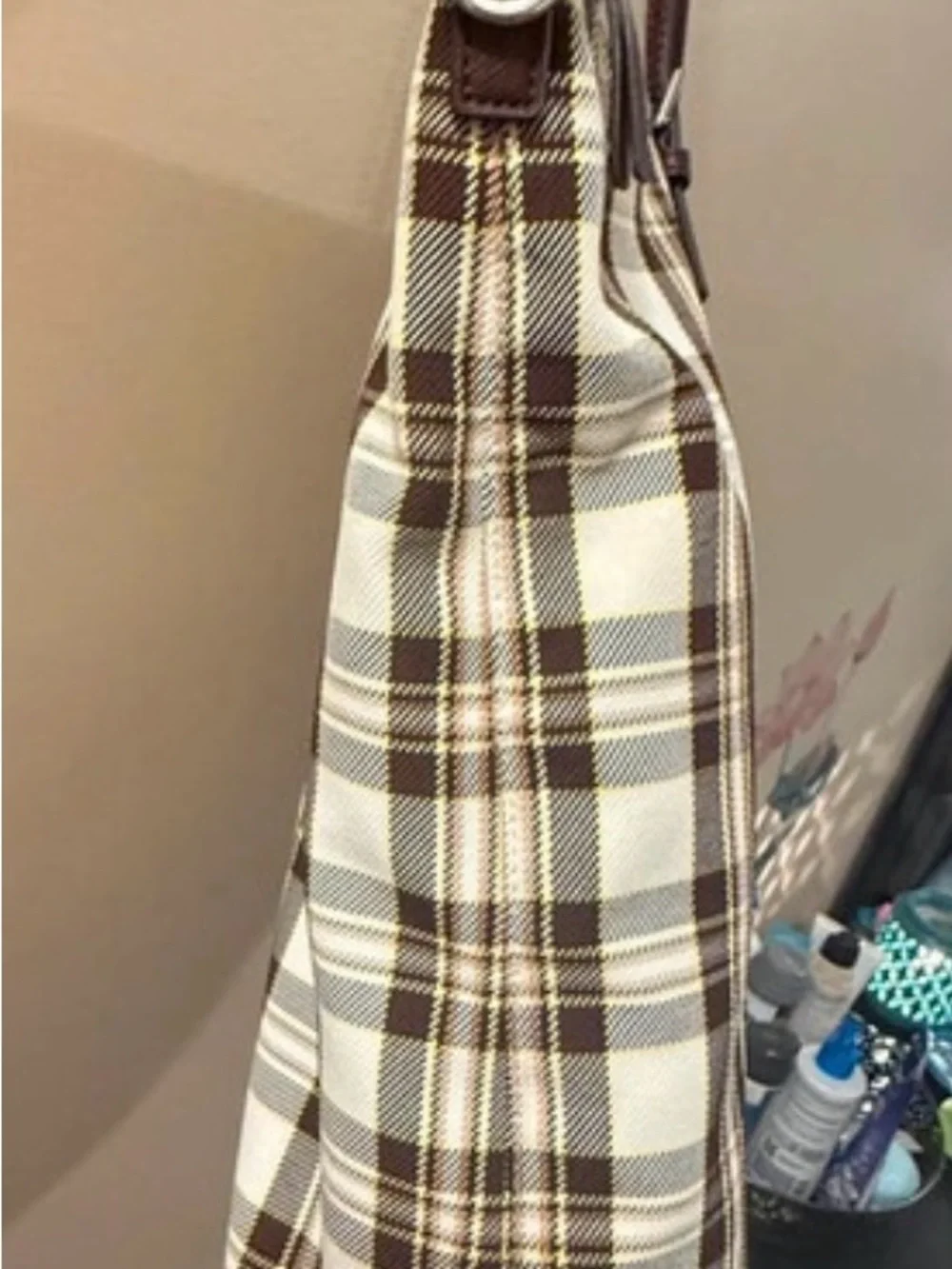 Tory Burch Plaid Canvas Tote Bag with Brown Trim and crossbody strap